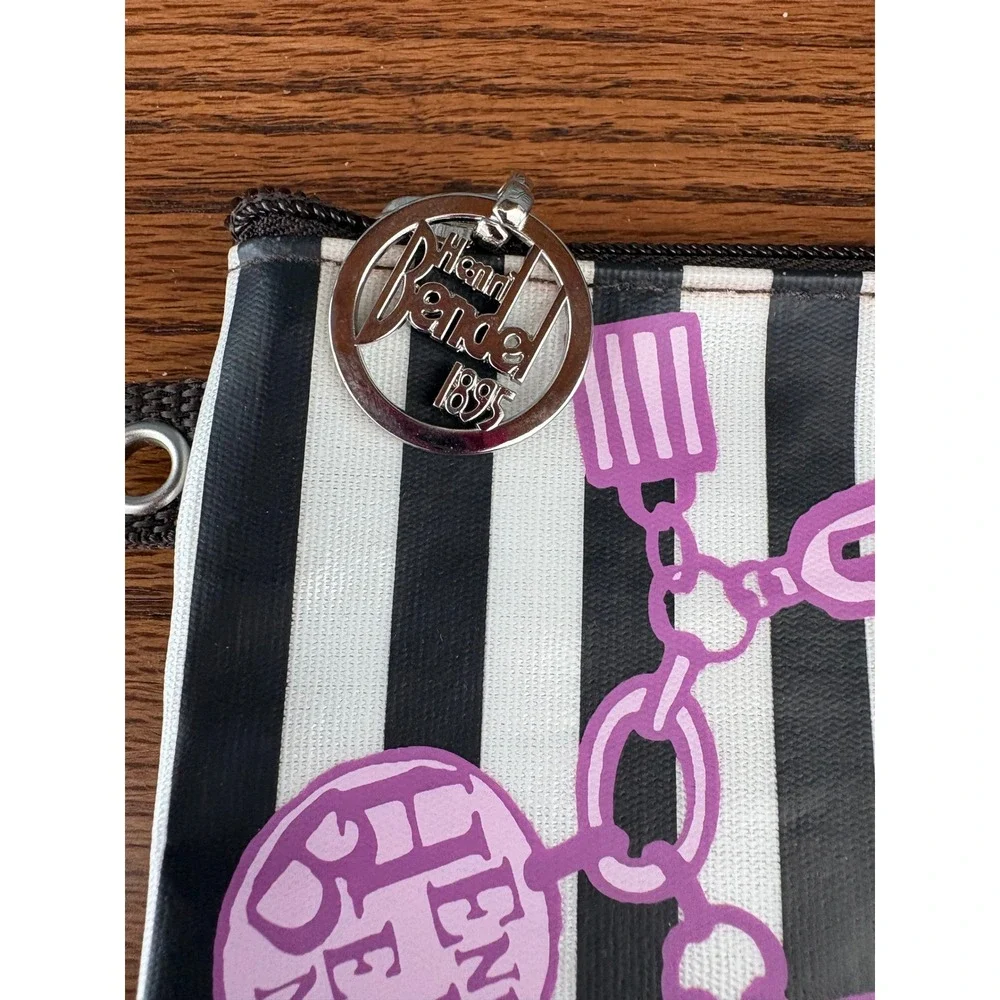 Henri Bendel Black White Striped Small Pouch Purple Charm Graphic Zipper Bag